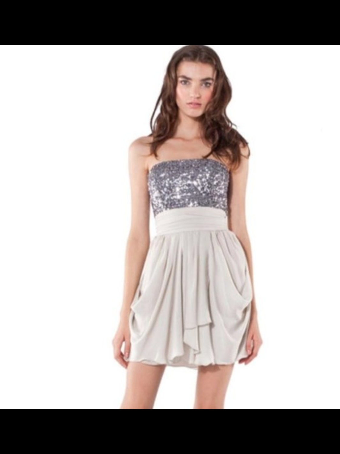 Alice + Olivia Strapless Silver Sequin Bodice With Ivory Draped Skirt